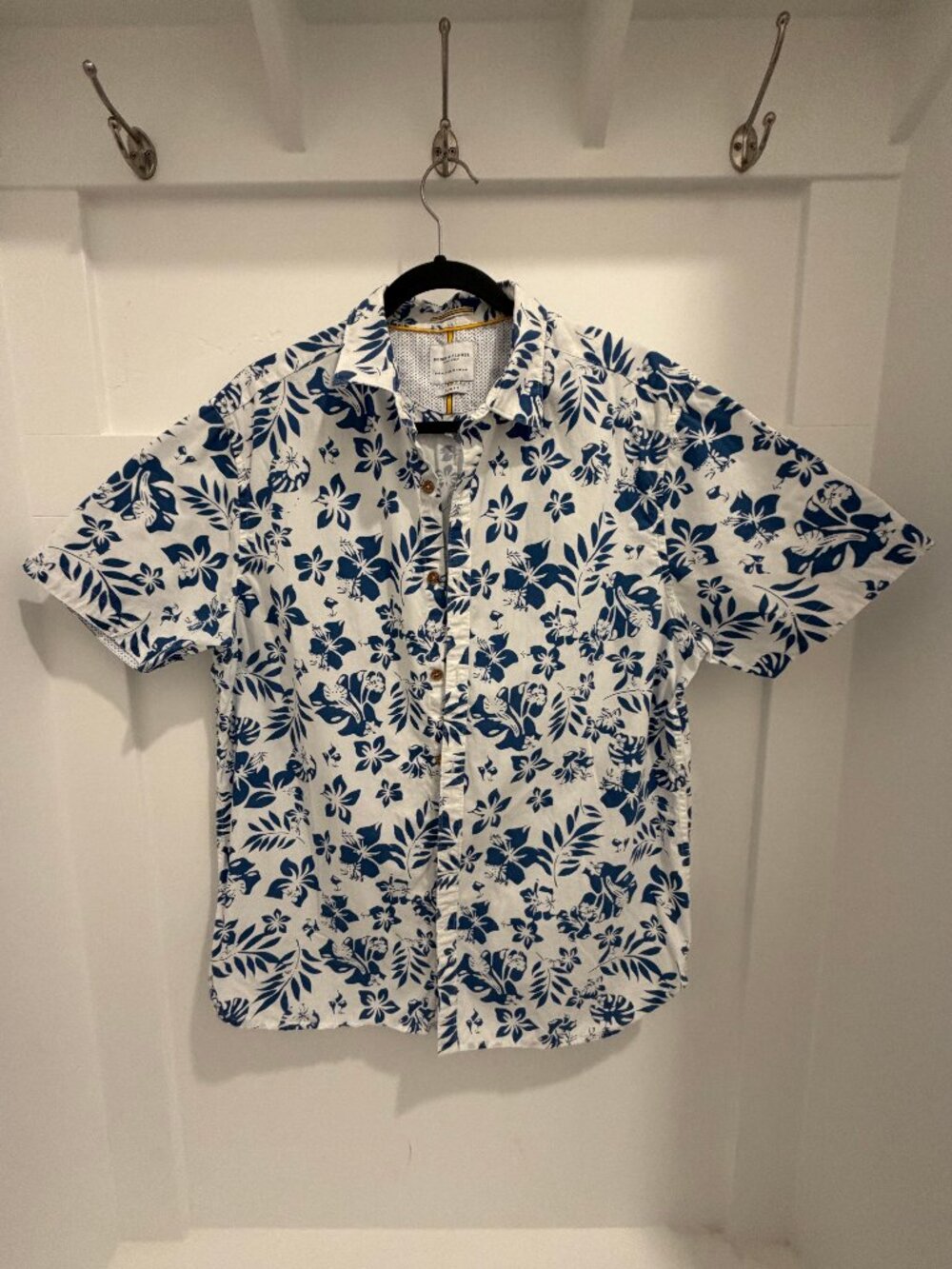 Denim & Flower Ricky Singh Floral Button Down Shirt XL Blue White Slim Fit